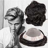 Human Hair Toupee for Men with French Lace Base and Black Virgin Natural Wave Hair Men's Toupee Wigs Hair Piece (2# Dark Brown Curly Hair,9x6 inch)