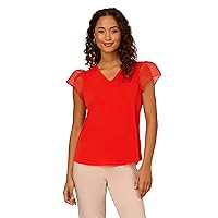 Adrianna Papell Women's V-Neck Knit Top with Organza Flutter Sleeves
