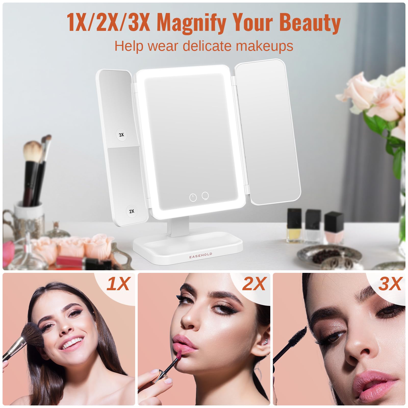 EASEHOLD Lighted Makeup Mirror, Rechargeable Magnifying Mirror with Lights 1X/2X/3X, 3-Color Light Trifold Vanity Mirror, 64 LEDs, Adjustable Brightness Cosmetic Mirror for Tabletop, Bathroom, White