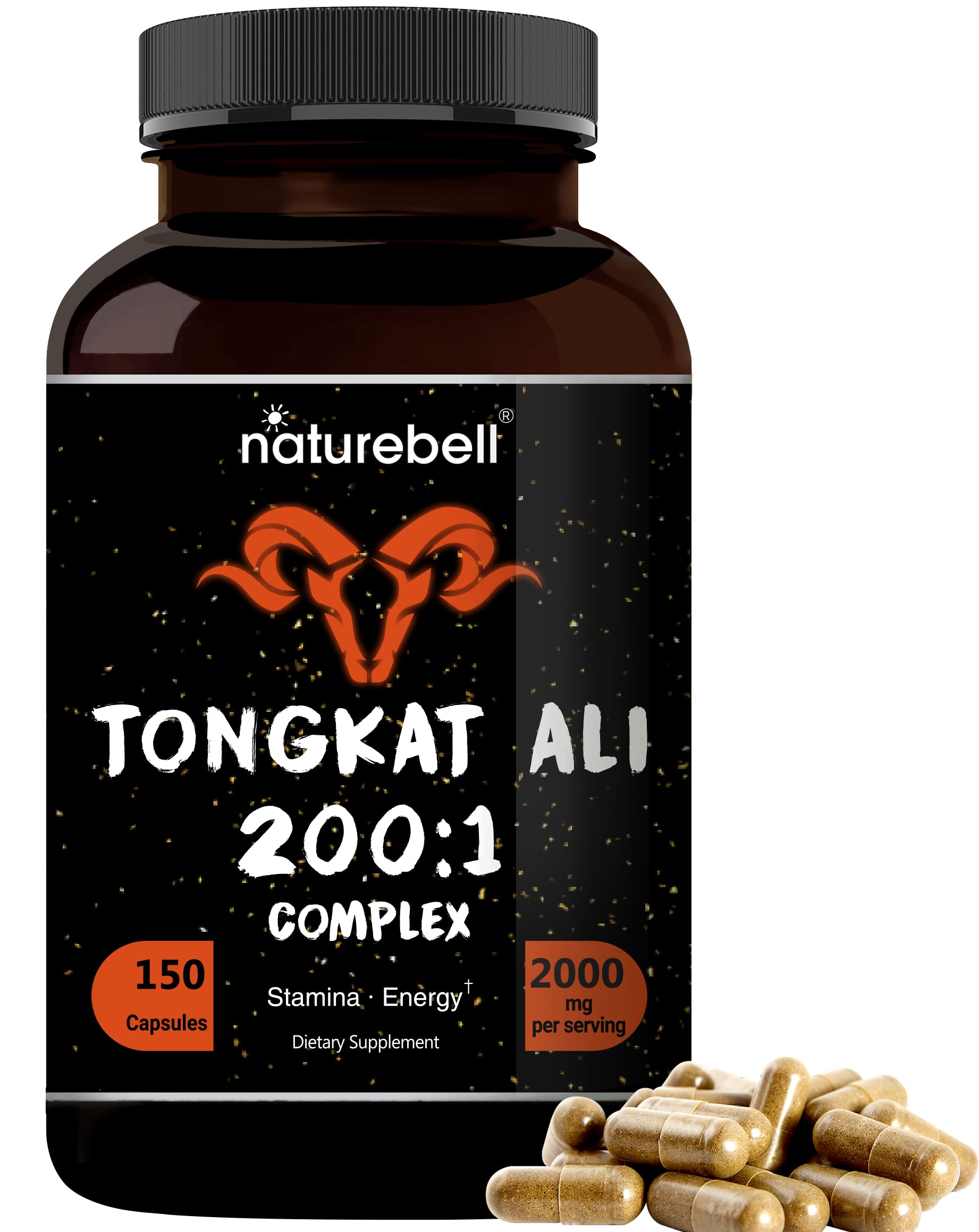 NatureBell Tongkat Ali 200:1 (Longjack) Extract for Men, 2000mg Per Serving, 150 Capsules, Indonesia Origin, Eurycoma Longifolia | with Panax Ginseng for Energy, Stamina, & Male Health Support