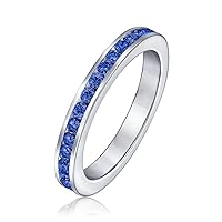 Personalize Cubic Zirconia Thin Stackable CZ Channel Set Eternity Band Ring Simulated Gemstone .925 Sterling Silver 12 Birth Month Colors 3MM