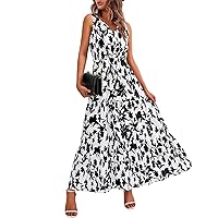 Sundress for Women Bohemian Dress for Women Summer Casual Fashion Print Pretty with Sleeveless V Neck Flowy Tunic Dresses Black Medium