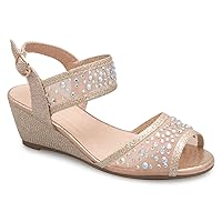 Olivia K Girl's Peep Toe Rhinestone Ankle Strap with Adjustable Buckle Wedge Sandals - Adorable, Comfort, Casual