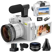 Mo Digital Cameras for Photography & 4K Video, 48 MP Vlogging Camera for YouTube with 180° Flip Screen,16X Digital Zoom,Flash & Autofocus,52mm Wide Angle & Macro Lens,2 Batteries,32GB SD Card(Sliver)