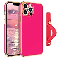 GUAGUA for iPhone 13 Pro Max Case, iPhone 13 Pro Max Case with Wrist Strap Holder, Slim Soft Electroplated TPU Shockproof Protective Adjustable Kickstand Case for iPhone 13 Pro Maxo 6.7'', Hot Pink