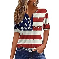 4th of July Tops for Women,Women's Summer Tops for Women 2024 Short Sleeve Independence Day Basic V Neck Button Casual Top