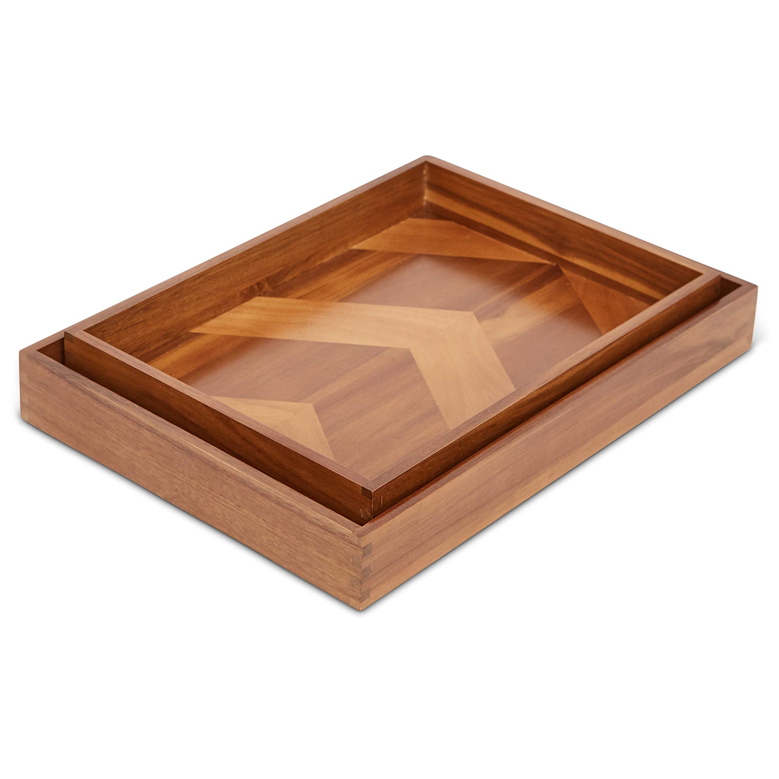 Acacia Wood Serving Tray, Coffee Table Tray, Ottoman Tray, Decorative Tray, Serving Tray, Set of 2 Wooden Trays (Large & Medium) (Without Handles)