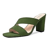 Womens Slip On Suede Square Toe Casual Solid Outdoor Block High Heel Sandals 3.3 Inch