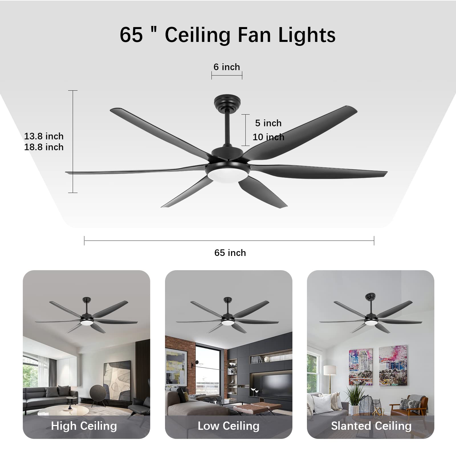 Wozzio 65 Inch Ceiling Fan with Lights and Remote,6 Blades,Reversible,6 Speed Noiseless DC Motor,Large Ceiling Fan Black for Indoor Outdoor Bedroom/Patios/Farmhouse