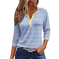 V Neck Summer Tops for Women Trendy 3/4 Sleeve T Shirts Casual Button Down Blouse Classic Striped Printed Graphic Tees