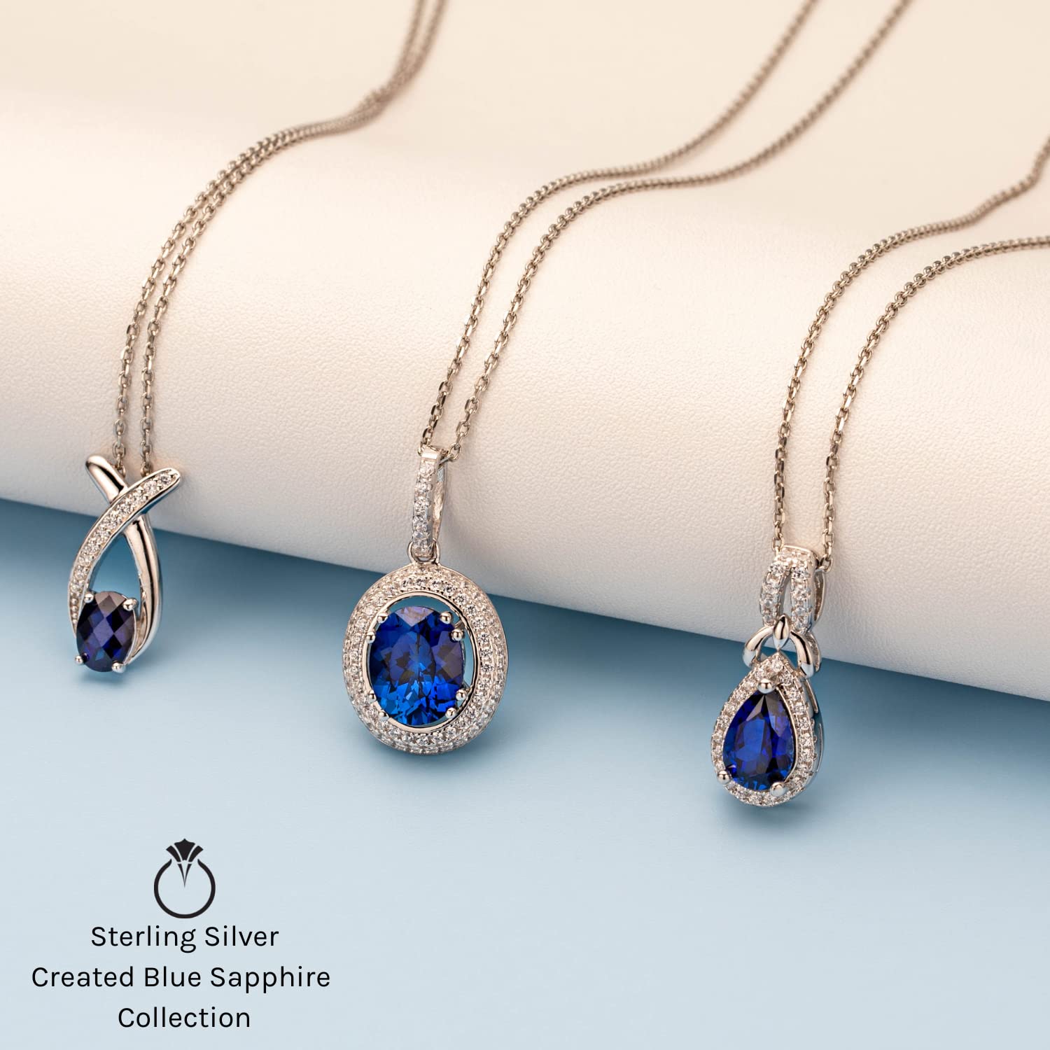 Peora Created Blue Sapphire Pendant Necklace for Women 925 Sterling Silver, Open Bezel Wave Solitaire, 2.75 Carats Round Shape 8mm with 18 inch Chain