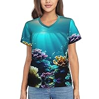 Underwater Scenery Women's T-Shirts Collection,Classic V-Neck, Flowy Tops and Blouses, Short Sleeve Summer Shirts,Most Women