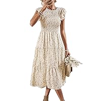 Women's Summer Casual Floral Midi Dress Boho Flutter Short Sleeve Smocked Elastic Waist Tiered A-Line Long Dress