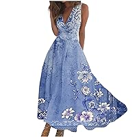 Vintage Beach Cocktail Sundress Women Wrap V Neck Sleeveless Floral Maxi Dresses Summer Flowy Elegant A-Line Dress