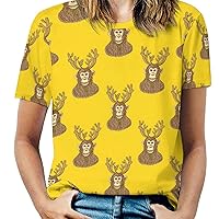 Sketch Monkey with Reindeer Antlers Women's Print Shirt Summer Tops Short Sleeve Crewneck Graphic T-Shirt Blouses Tunic
