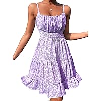 WDIRARA Women's Summer Floral Print Ruched Shirred Ruffle Hem A Line Summer Dress Short Cami Dress