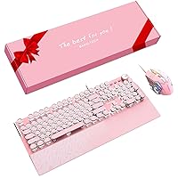 Basaltech Typewriter Keyboard and Mouse Combo, Pink Gaming Keyboard with White LED Backlight, Round Keys Blue Switch Mechanical Keyboard with Magnetic Removable Wrist Rest for Game and Office