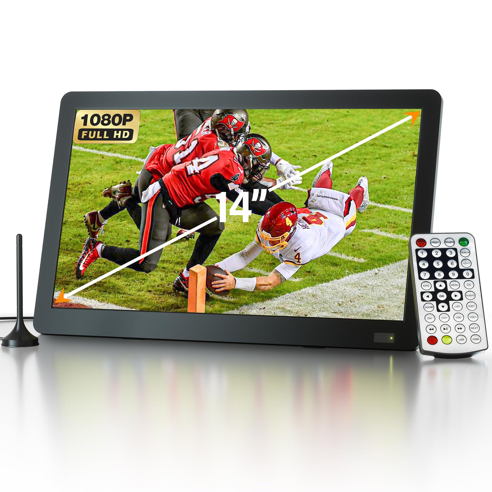 14 inch Portable TV with Antenna, DESOBRY Portable Small TV with ATSC Tuner, Rechargeable Battery Operated Mini TV LCD Monitor 1080P,Built-in TV Stand,HDMI Input,USB,AV In,Supports Camping,Kitchen,Car
