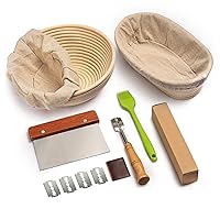 RORECAY Bread Banneton Proofing Basket Set of 2, 9 Inch Round & 10 Oval Cane Sourdough Baskets with Lame + Dough Scraper Linen Liner Basting Brush for Making Baking Fermentation