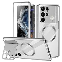Jonwelsy Case for Samsung Galaxy S22 Ultra with Camera Invisible Stand, 360 Degree Front and Back Glass Protection Cover [Compatible with MagSafe] Magnetic Absorption Aluminum Alloy Bumper (Silver)
