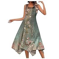 Women's Sun Dresses 2024 Trendy Handkerchief Hem Casual Beach Dress Printed Summer Sleeveless Tank Midi Dress