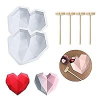 2PCS Diamond Heart Shape Cake Mold Trays 8.7 Inch Silicone Baking Pan Non-Sticky Dessert Fondant Mold Mousse Chocolate Mold with 4 Wooden Hammers, Home Kitchen DIY Baking Tools, Valentine's Day Cake