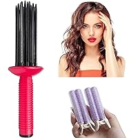 17 Teeth Round Comb Hair Brush Styler for Curly Hair, Portable Anti‑Slip Curling Wand, Curly Hair Styler Tool, Air Volume Comb with Hair Roller Clips (3Pcs-Purple)