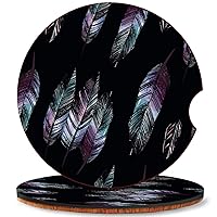 Set of 2, Car Coasters, Feathers On Black Pattern, Absorbent Cork Base Round Car Drinks Cup Holder Coaster