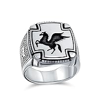 Bling Jewelry Personalize Large 2 Tone Ancient Greek Mythical Flying Horse Creature Pegasus Signet Ring For Men Teen Oxidized .925 Sterling Silver Customizable