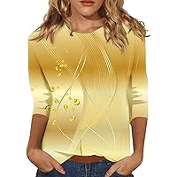 Basic Tops for Women, Dressy Tops for Women Evening Party Womens Spring Fashion 2024 Women's Fashion Casual Round Neck 3/4 Sleeve Loose Printed T-Shirt Ladies Top Plus Size (Yellow,XL)