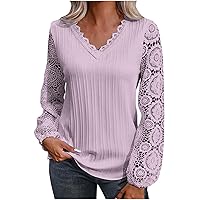 Prime Wardrobe Deals Of The Day Women Lace Hollow Sleeve Shirts V Neck Long Sleeves Blouses Dressy Casual Tops Trendy Tunic Elegant T-Shirt Top Womens Fashion Blouse Tee