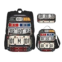 3-In-1 Backpack Bookbag Set,Old License Plate Print Casual Travel Backpacks,With Pencil Case Pouch, Lunch Bag