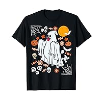 Vintage Floral Ghost Funny Cute Halloween Pumpkin and Skull T-Shirt