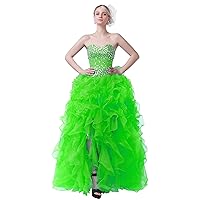 A-Line Crystal Prom Dress Split Organza Maxi Evening Gown Ruffles