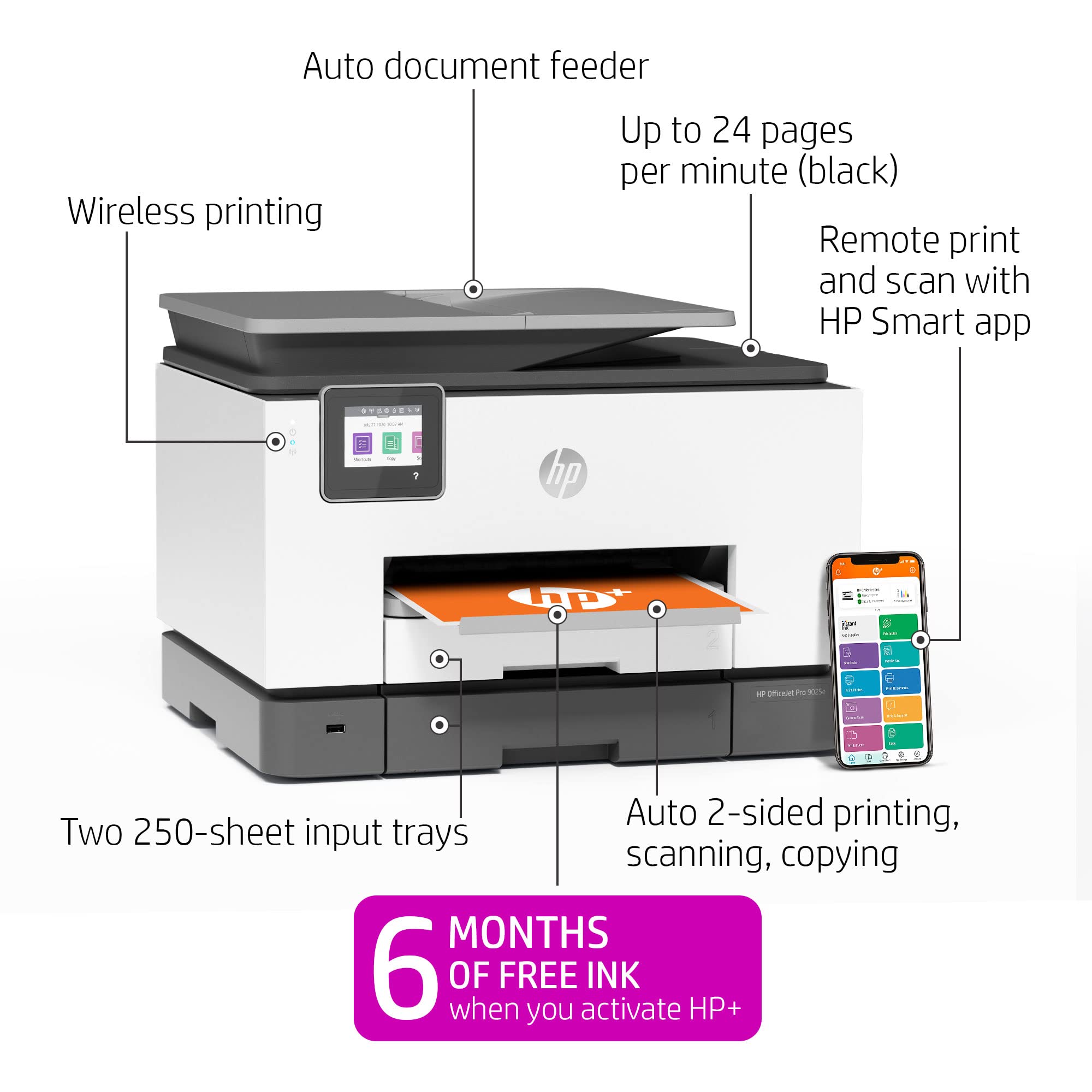 HP OfficeJet Pro 9025e Wireless Color All-in-One Printer with Bonus 6 Months Instant Ink with HP+,Gray, Medium