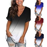 Women Summer V Neck Tshirt Tops Trendy Tie Dye Casual Loose Fit Tunic Tee Lady Sexy Short Sleeve Comfy Workout Blouses
