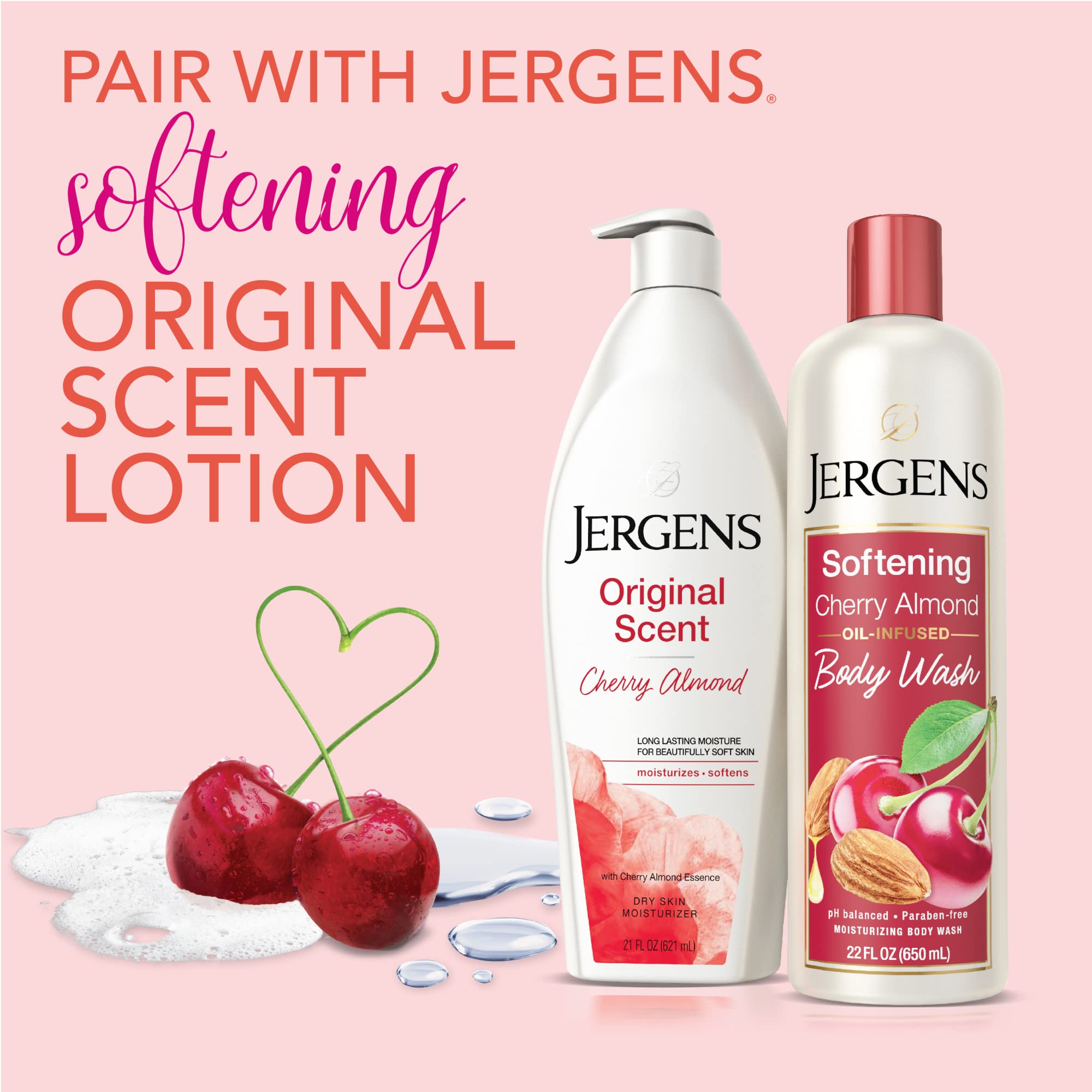 Jergens Softening Cherry Almond Body Wash, Daily Moisturizing Skin Cleanser, Paraben Free, 22 Ounces, Infused with Cherry Almond, pH Balanced, Dye Free, Dermatologist Tested (Packaging May Vary)