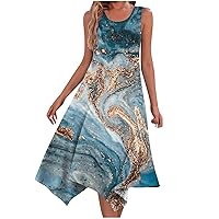 Vintage Print Midi Sundress Women Summer Hankerchief Hem A-Line Dress Marble Graphic Sleeveless Casual Beach Dresses