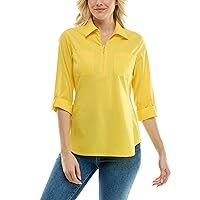Zac & Rachel Women's Pull on Shirt with Flexible Zipper Neckline and 3/4 Button Rolled Up Sleeve