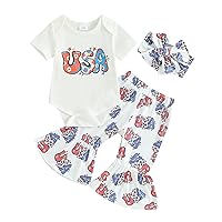 Baby Girl 4th of July Outfits Short Sleeve USA Print Romper Flower Print Flare Pants Newborn Girl Summer Clothes