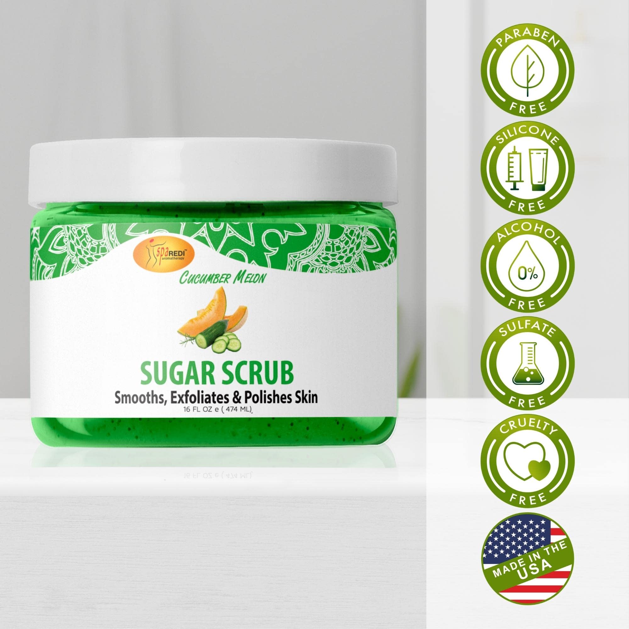 SPA REDI – Sugar Body Scrub, Cucumber Melon, 16 Oz, Exfoliating, Moisturizing, Hydrating and Nourishing, Glow, Polish, Smooth and Fresh Skin - Body Exfoliator