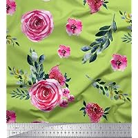 Soimoi Green Cotton Voile Fabric Laurel Leaves & Denmark Rose Floral Print Fabric by The Yard 56 Inch Wide