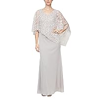 S.L. Fashions Women's Long Floral Shimmer Overlay Cape Gown, Formal Event, Wedding Guest Dress (Petite and Regular Sizes)