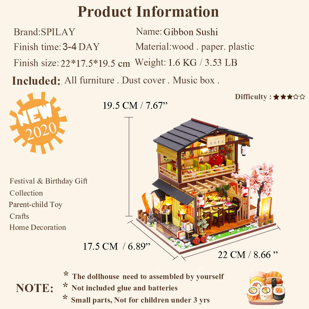 Spilay DIY Dollhouse Miniature with Wooden Furniture,Handmade Japanese Style Home Craft Model Mini Kit with Dust Cover & Music Box,1:24 3D Creative Doll House Toy for Adult Teenager Gift