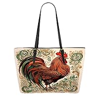 Vivid Red Rooster Amid Floral Patterns Leather Tote Bag 3d