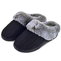 Parlovable Women's Soft Cable Knit Slippers Soft Plush Faux Fur Collar Memory Foam Fuzzy House Shoes Anti-Skid Indoor/Outdoor Rubber Sole
