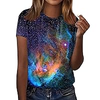 Short Sleeve Shirts for Women,Tops for Women Trendy Starry Sky Print Round Neck Casual Shirt Summer Tops for Women 2024