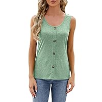 Cute Tank Tops for Women Trendy，Womens Summer Sleeveless Casual Solid Basic T Shirts Button Scoop Neck Tanks Blouse
