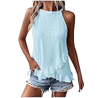 Women Tank Top Sleeveless Eyelet Embroidery Halter Neck Casual Summer Shirts Flowy Ruffle Trim Spaghetti Strap Camisole