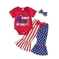 Newborn Baby Girl 4th of July Outfit My First 4th of July Romper Stars And Stripes Flare Pants Set Headband 3Pcs